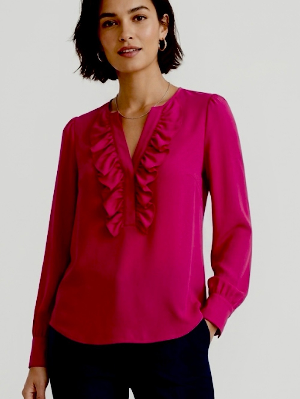 J. Crew Pink long sleeve Ruffle front partial button top size XS